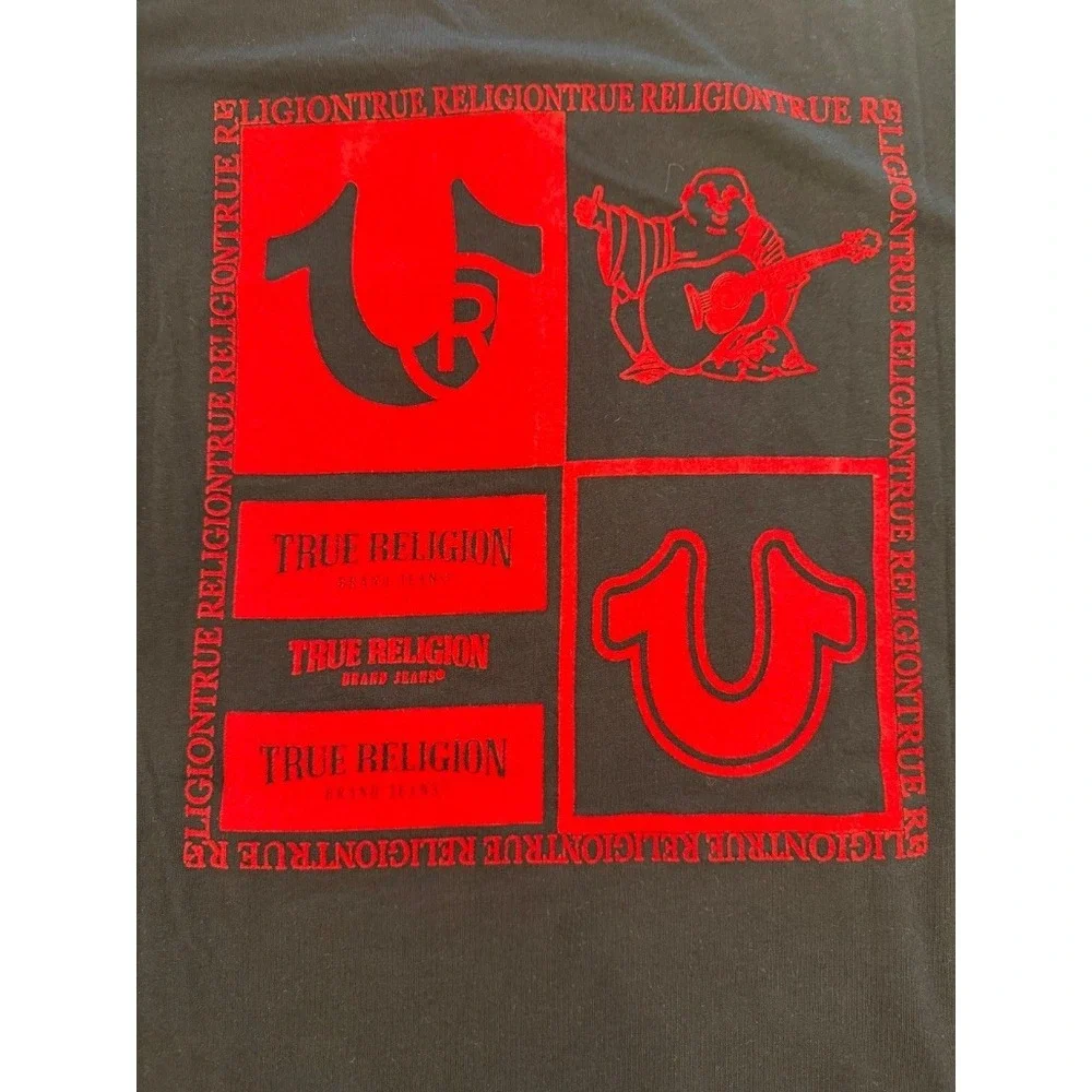 True Religion T-Shirt Mens M Black Red Good Square Horseshoe Logo 700258